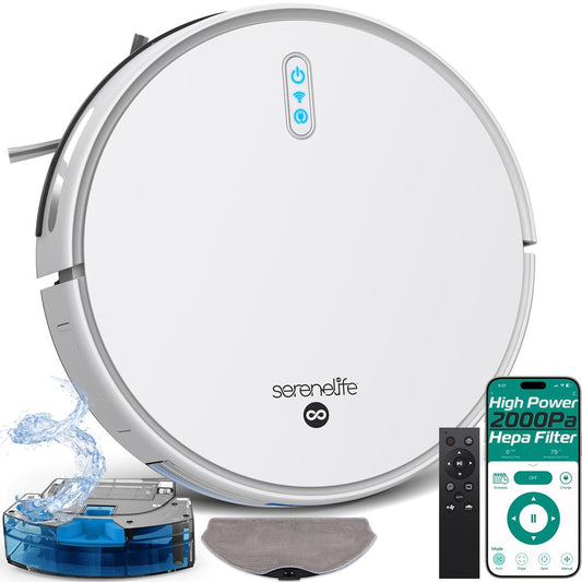 Smart Vacuum Cleaner - Automatic Robot Cleaning Vacuum With 2-In1 Water Tank App Control Fan Motor 2000Pa And 4 Cleaning Modes Ideal For Hard Floor Pet Hair Low-Pile Carpet (White) - PUCRVACX200WT