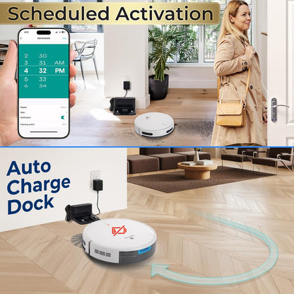 Robot Aspirador Inteligente - Robot Aspirador Automático Con Tanque de Agua 2 en 1, Control por Aplicación, Motor de Ventilador de 2000Pa y 4 Modos de Limpieza, Ideal para Suelos Duros, Pelo de Mascotas y Alfombras de Pelo Corto (Blanco) - PUCRVACX200WT