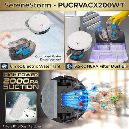 Robot Aspirador Inteligente - Robot Aspirador Automático Con Tanque de Agua 2 en 1, Control por Aplicación, Motor de Ventilador de 2000Pa y 4 Modos de Limpieza, Ideal para Suelos Duros, Pelo de Mascotas y Alfombras de Pelo Corto (Blanco) - PUCRVACX200WT