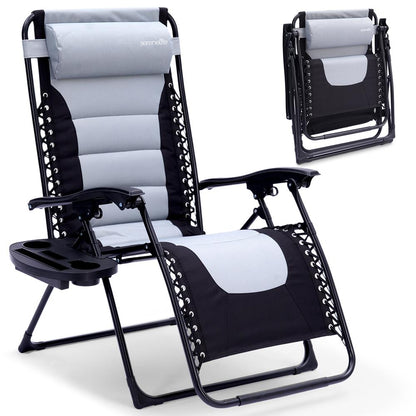 Tumbona de jardín de gravedad cero ajustable y plegable con acolchado – Sillones reclinables ajustables con mesa lateral de plástico con portavasos y almohada (gris y negro)