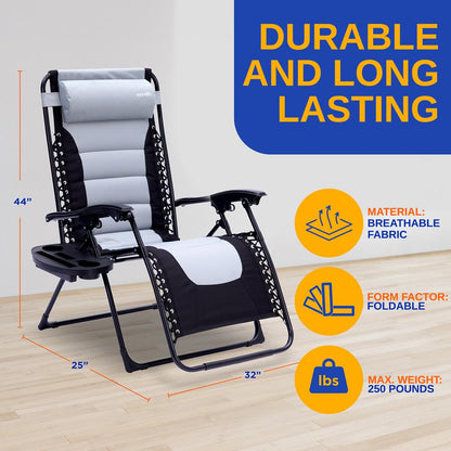 Tumbona de jardín de gravedad cero ajustable y plegable con acolchado – Sillones reclinables ajustables con mesa lateral de plástico con portavasos y almohada (gris y negro)