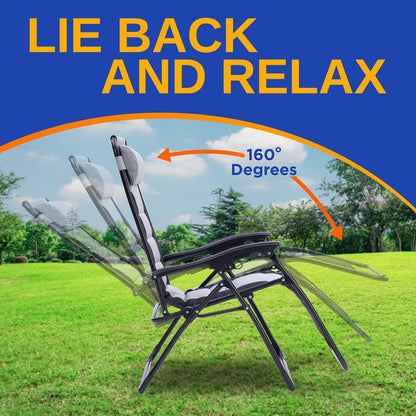 Tumbona de jardín de gravedad cero ajustable y plegable con acolchado – Sillones reclinables ajustables con mesa lateral de plástico con portavasos y almohada (gris y negro)