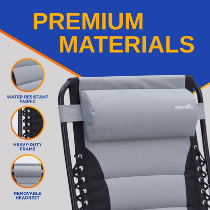 Tumbona de jardín de gravedad cero ajustable y plegable con acolchado – Sillones reclinables ajustables con mesa lateral de plástico con portavasos y almohada (gris y negro)