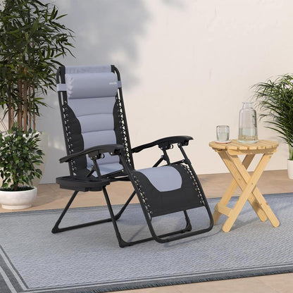 Tumbona de jardín de gravedad cero ajustable y plegable con acolchado – Sillones reclinables ajustables con mesa lateral de plástico con portavasos y almohada (gris y negro)