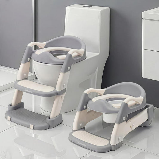 Serenelife Toddler Potty Seat With Ladder – Lightweight Portable 2-In-1 Toilet Trainer With Adjustable Step Ladder Removable Bowl Splash Guard Reward Chart And Toilet Cover – Comfortable And Safe For Easy Potty Training (Gray)