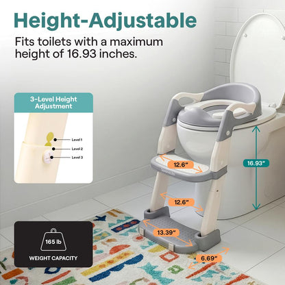 Serenelife Toddler Potty Seat With Ladder – Lightweight Portable 2-In-1 Toilet Trainer With Adjustable Step Ladder Removable Bowl Splash Guard Reward Chart And Toilet Cover – Comfortable And Safe For Easy Potty Training (Gray)