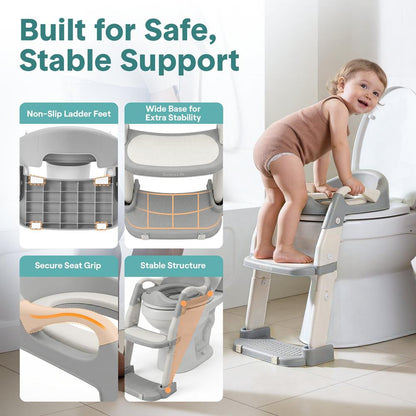 Serenelife Toddler Potty Seat With Ladder – Lightweight Portable 2-In-1 Toilet Trainer With Adjustable Step Ladder Removable Bowl Splash Guard Reward Chart And Toilet Cover – Comfortable And Safe For Easy Potty Training (Gray)