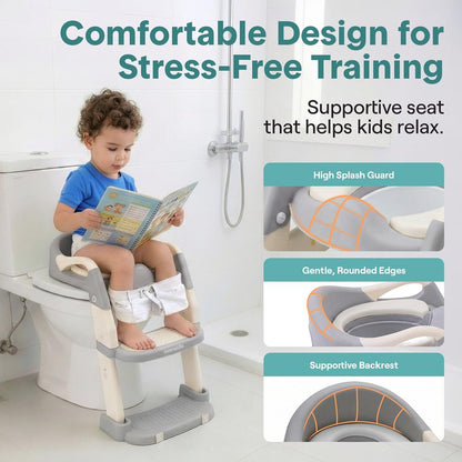 Serenelife Toddler Potty Seat With Ladder – Lightweight Portable 2-In-1 Toilet Trainer With Adjustable Step Ladder Removable Bowl Splash Guard Reward Chart And Toilet Cover – Comfortable And Safe For Easy Potty Training (Gray)