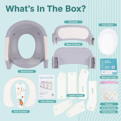 Serenelife Toddler Potty Seat With Ladder – Lightweight Portable 2-In-1 Toilet Trainer With Adjustable Step Ladder Removable Bowl Splash Guard Reward Chart And Toilet Cover – Comfortable And Safe For Easy Potty Training (Gray)