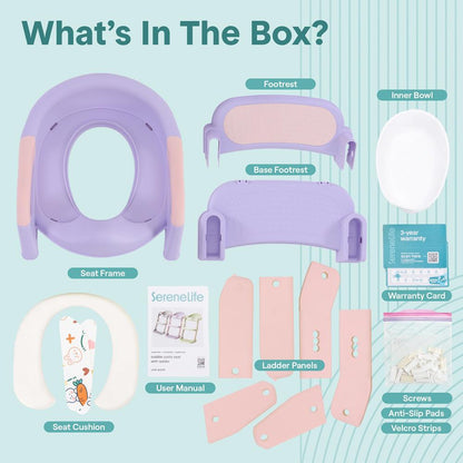 Serenelife Toddler Potty Seat With Ladder – Lightweight Portable 2-In-1 Toilet Trainer With Adjustable Step Ladder Removable Bowl Splash Guard Reward Chart And Toilet Cover – Comfortable And Safe For Easy Potty Training (Purple)