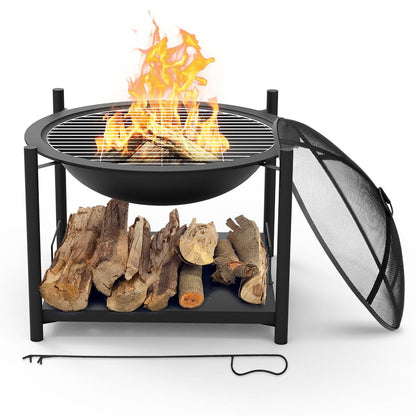26 Outdoor Fire Pit with BBQ Grill Heat-Resistant Steel Wood Storage