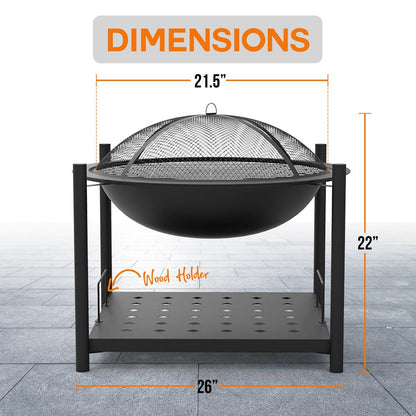 26 Outdoor Fire Pit with BBQ Grill Heat-Resistant Steel Wood Storage