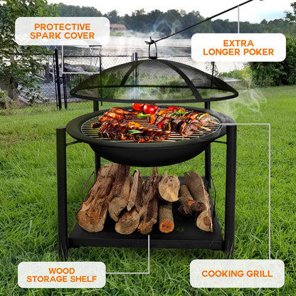 26 Outdoor Fire Pit with BBQ Grill Heat-Resistant Steel Wood Storage