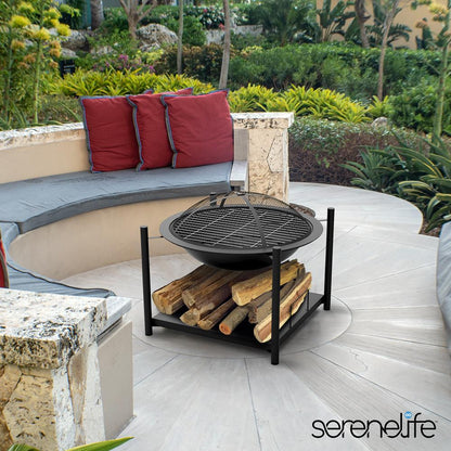 26 Outdoor Fire Pit with BBQ Grill Heat-Resistant Steel Wood Storage
