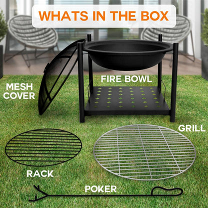 26 Outdoor Fire Pit with BBQ Grill Heat-Resistant Steel Wood Storage