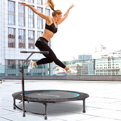 Foldable Mini Trampoline Aerobic Fitness Adjustable Handrail 264 lbs Capacity