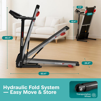 Cinta de correr plegable para fitness en casa, 6 MPH, motor de 1HP, 12 programas, Bluetooth