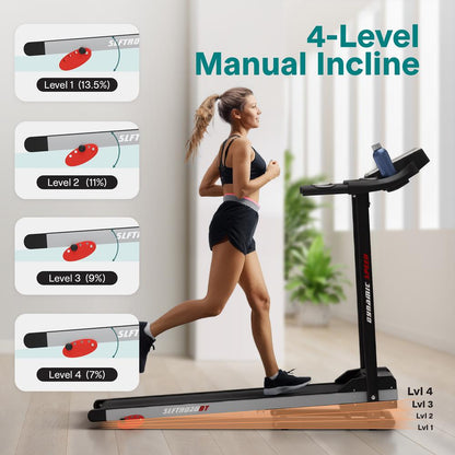Cinta de correr plegable para fitness en casa, 6 MPH, motor de 1HP, 12 programas, Bluetooth