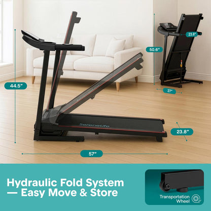 Serenelife Foldable Treadmill With 3.5 Hp Motor Led Display Bluetooth Music Connectivity App Integration High-Performance Cushioning System And Automatic Incline Adjustment