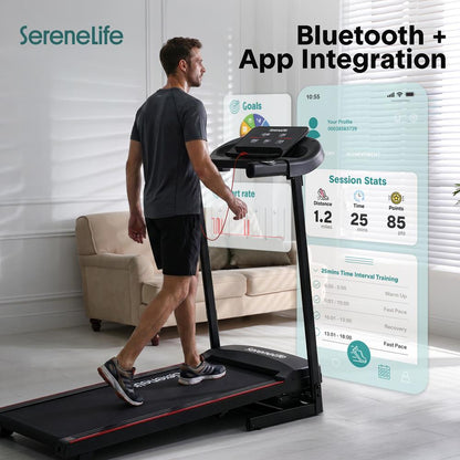 Serenelife Foldable Treadmill With 3.5 Hp Motor Led Display Bluetooth Music Connectivity App Integration High-Performance Cushioning System And Automatic Incline Adjustment