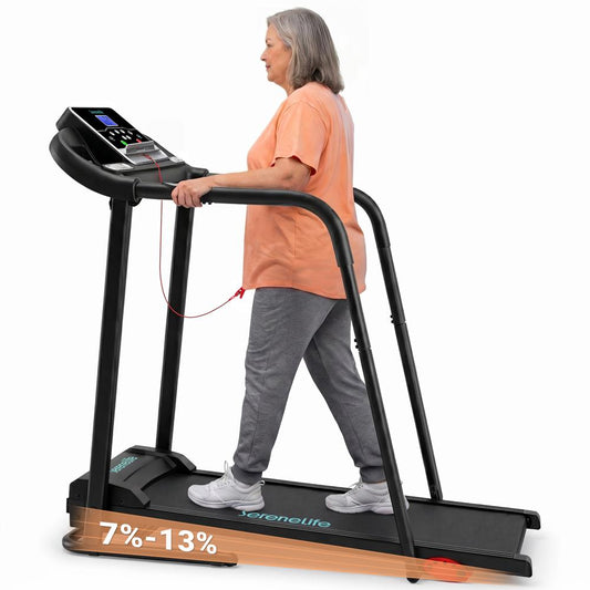 Serenelife Foldable Treadmill With Long Handrail Lcd Display Bluetooth Music Connectivity Advanced App Integration High-Performance Cushioning System And 4-Level Manual Incline - Powered By 3.5 Hp Motor For Optimal Workouts