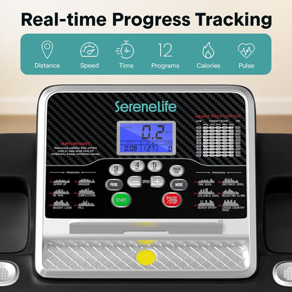 Serenelife Foldable Treadmill With Long Handrail Lcd Display Bluetooth Music Connectivity Advanced App Integration High-Performance Cushioning System And 4-Level Manual Incline - Powered By 3.5 Hp Motor For Optimal Workouts