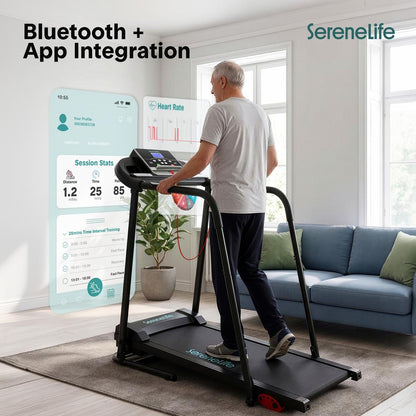 Serenelife Foldable Treadmill With Long Handrail Lcd Display Bluetooth Music Connectivity Advanced App Integration High-Performance Cushioning System And 4-Level Manual Incline - Powered By 3.5 Hp Motor For Optimal Workouts