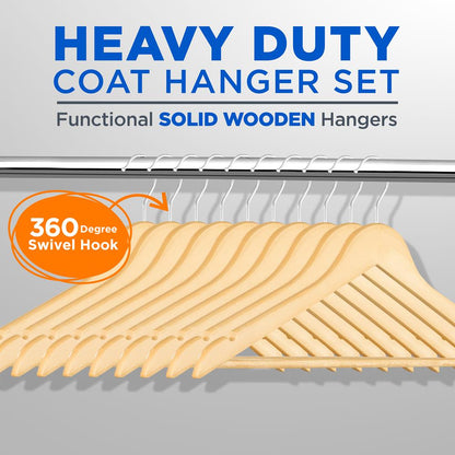 10-Pack Wooden Coat Hangers - Durable Space-Saving 360¬8 Swivel Hook Natural