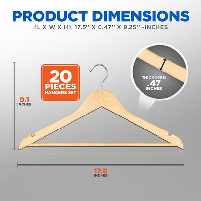 Wooden Coat Hangers 20 Pack Durable 360° Swivel Hook Natural Wood