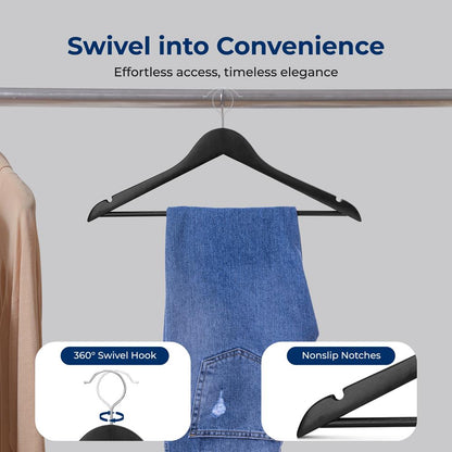 10-Pack Wooden Coat Hangers - Durable Space-Saving 360° Swivel Hook