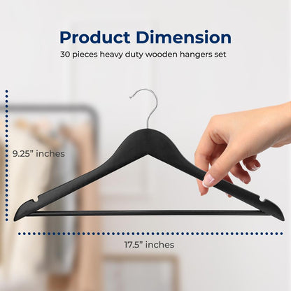 30-Pack Wooden Clothes Hangers Heavy-Duty Non-Slip 360° Swivel Hook