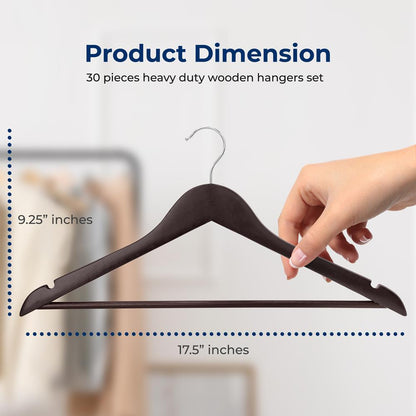 30 Wooden Coat Hangers - Durable Space-Saving 360° Swivel Hook Brown