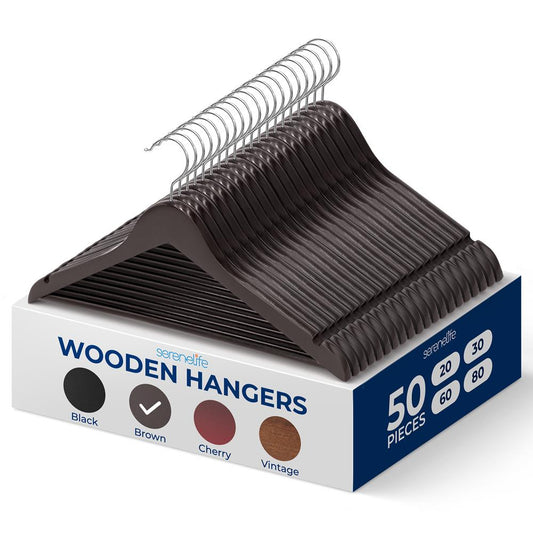 50-Pack Wooden Coat Hangers - Durable Space-Saving 360° Swivel Brown