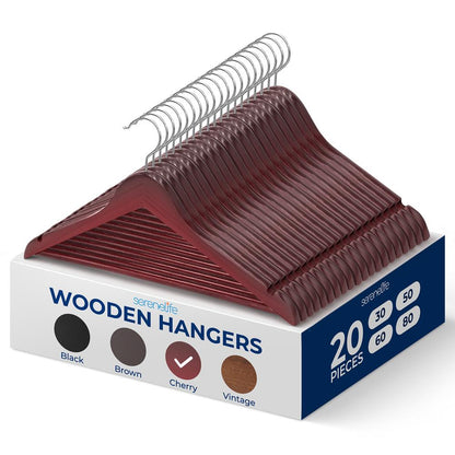 20-Pack Wooden Coat Hangers - Durable Space-Saving 360° Swivel Hook