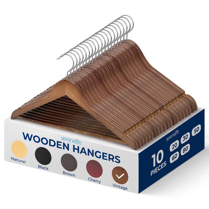 10-Pack Vintage Wooden Hangers - Space-Saving 360° Swivel Hook