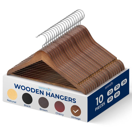 10-Pack Vintage Wooden Hangers - Space-Saving 360° Swivel Hook