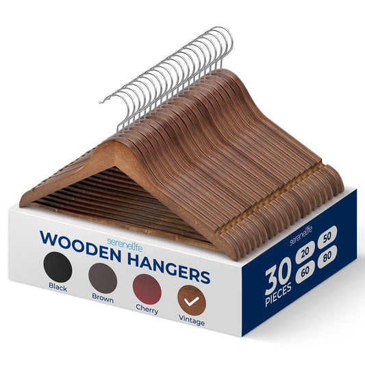 Wooden Clothes Hangers 30-Pack Heavy Duty 360° Swivel Hook Vintage Finish