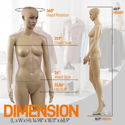 Maniquí femenino de cuerpo entero, cabeza ajustable, extremidades flexibles, 175 cm de altura