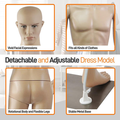 73 Male Mannequin Torso Dress Form - Detachable Mannequin Full Body Stand