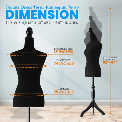Maniquí de costura femenino, busto de espuma negra con soporte ajustable