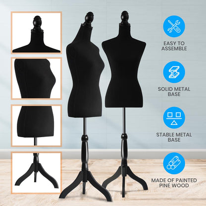 Maniquí de costura femenino, busto de espuma negra con soporte ajustable