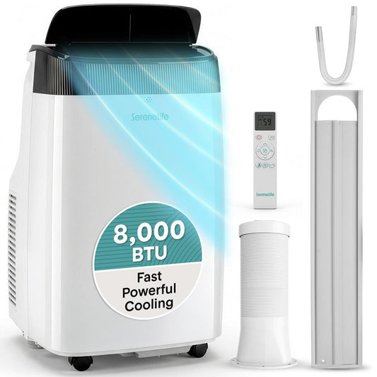 Serenelife Portable Air Conditioner – 8000 Btu Compact Home Ac Cooling Unit With Built-In Dehumidifier & Fan Modes Includes Window Mount Kit (White)