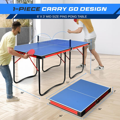 Portable Ping Pong Table Set Space-Saving MDF Blue 6x3 Foldable Design