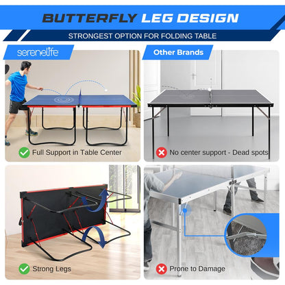 Portable Ping Pong Table Set Space-Saving MDF Blue 6x3 Foldable Design