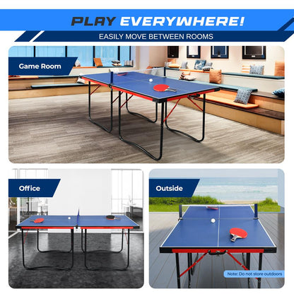 Portable Ping Pong Table Set Space-Saving MDF Blue 6x3 Foldable Design