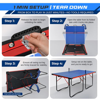 Portable Ping Pong Table Set Space-Saving MDF Blue 6x3 Foldable Design