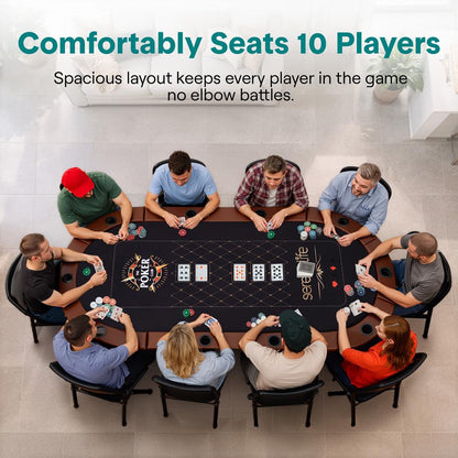 10-Player Foldable Poker Table Water-Resistant Rail Brown Felt Surface