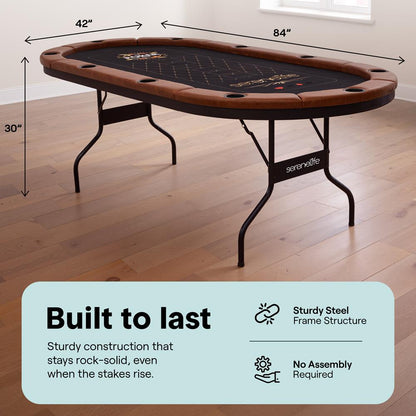 10-Player Foldable Poker Table Water-Resistant Rail Brown Felt Surface