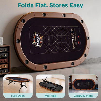 10-Player Foldable Poker Table Water-Resistant Rail Brown Felt Surface