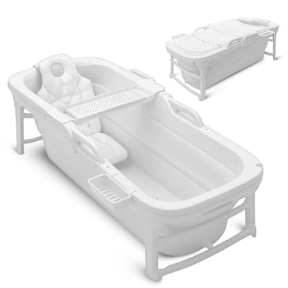 Juego de bañera plegable de 1.5M - Incluye tapa, bandeja, bolsa, tubo de drenaje extensible, cojín de baño y rodillos de masaje para uso interior y exterior (blanco)
